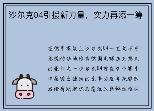 沙尔克04引援新力量，实力再添一筹